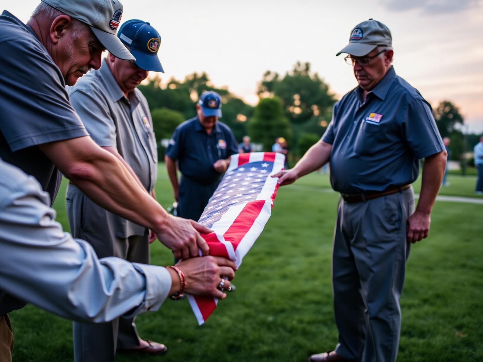 Veterans folding an American flag at dusk in a ceremonial retirement